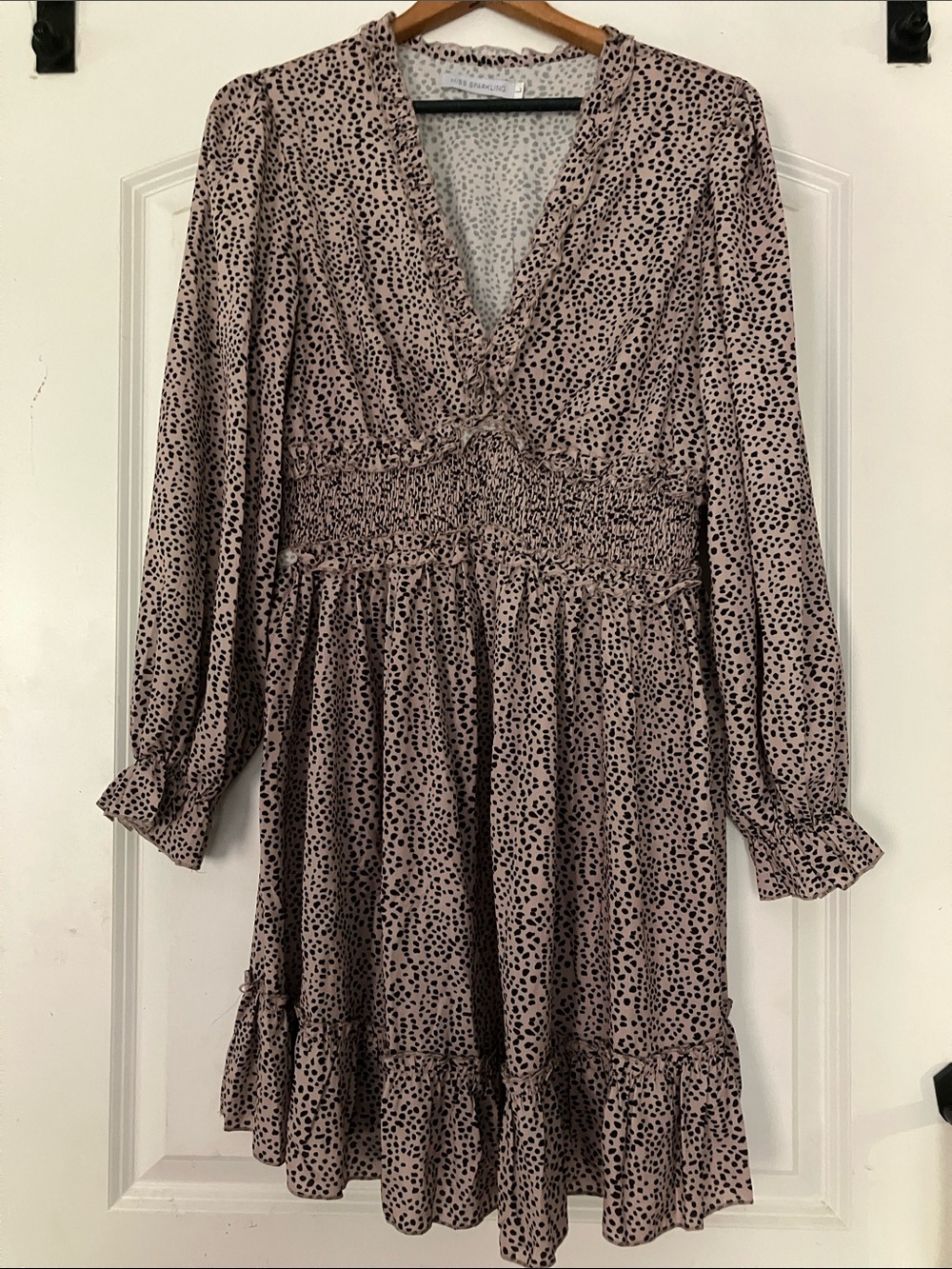 Long-Sleeve Pink Dot Smocked Waist V-Neck Dress